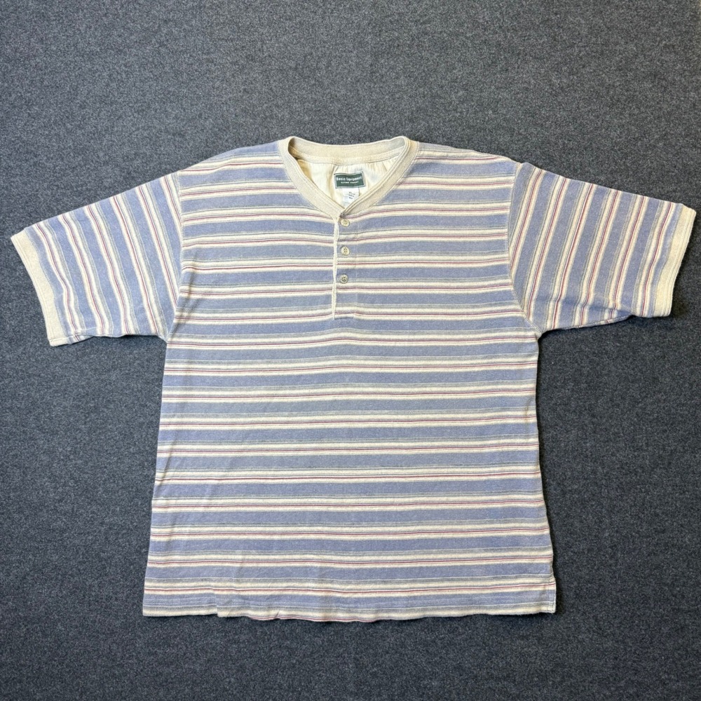 Vintage 90s Basic Equipment Henley Shirt Mens XL Blue Striped 100% Short Sleeve